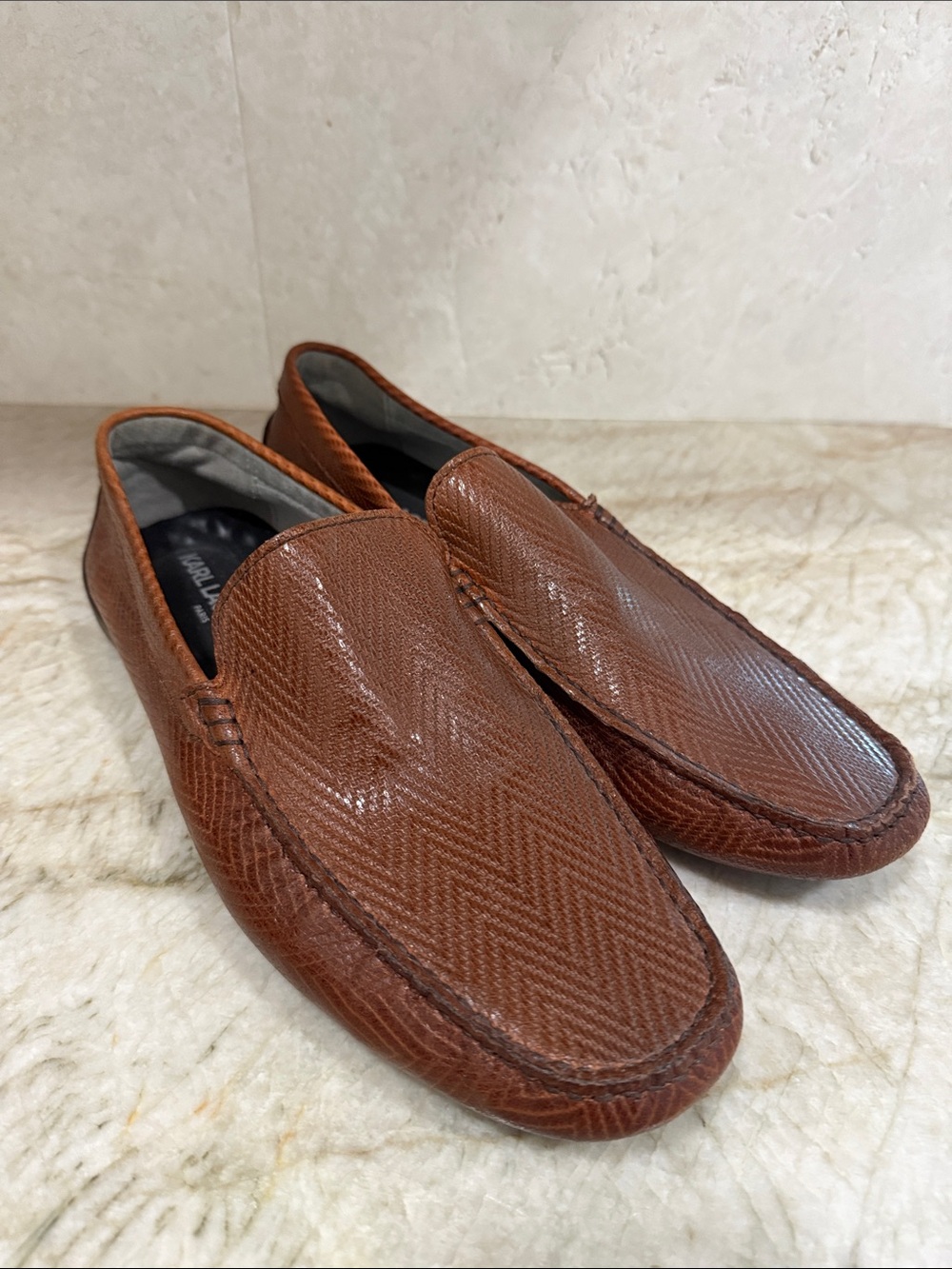 Karl Lagerfeld Men's Cognac Brown Textured Leather Slip-Ons
